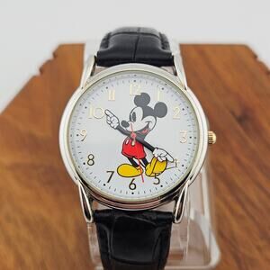 Disney Women's Mickey Mouse Character Watch Contemporary Black Leather Band
